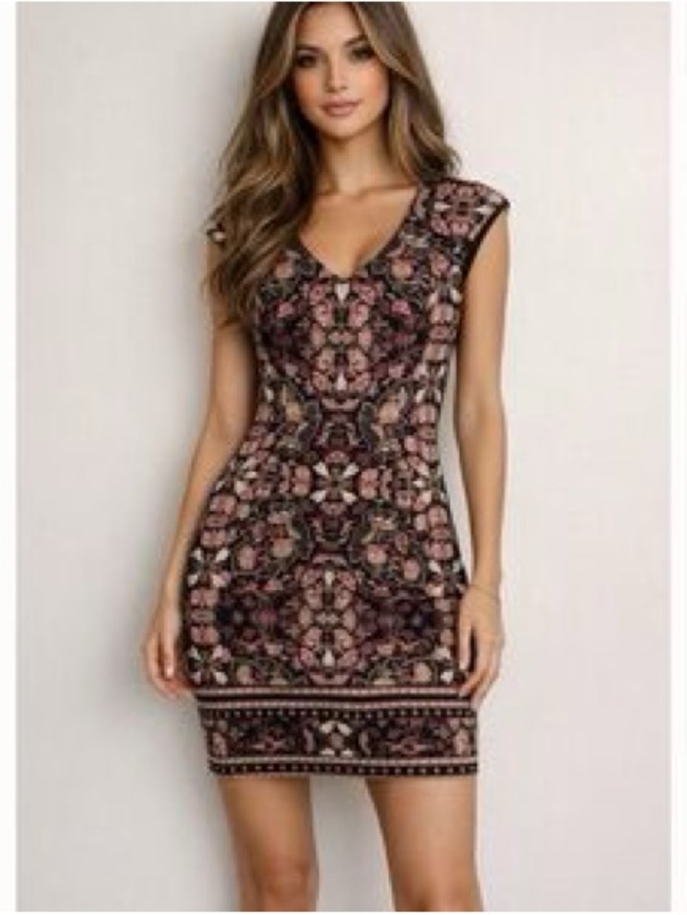 V-Neck Floral Print Mini Dress in Pink and Black